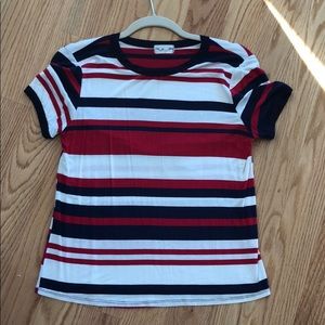 Navy blue, red, and white stripped shirt